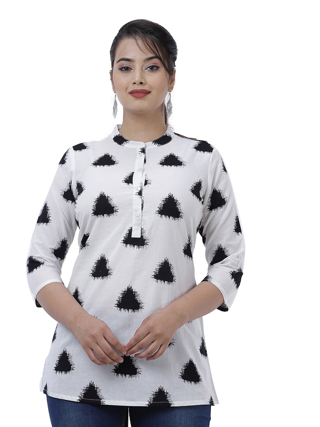

BAESD Geometric Printed Mandarin Collar Cotton Regular Top, White