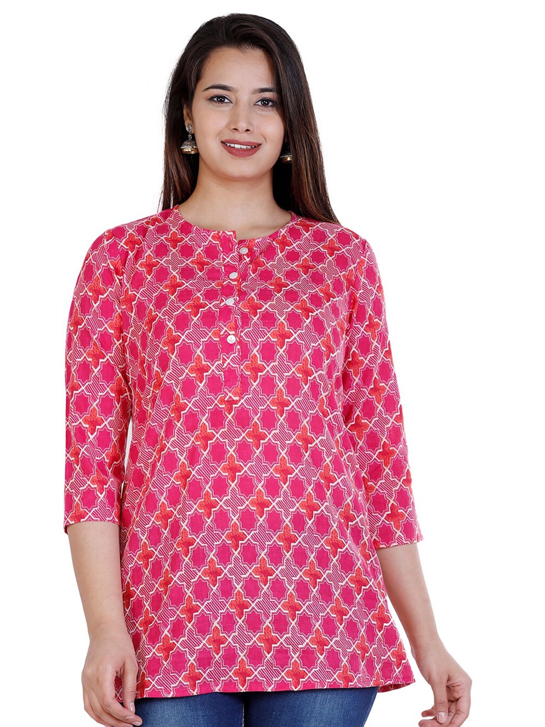 

BAESD Ethnic Motifs Printed Round Neck Cotton Top, Pink