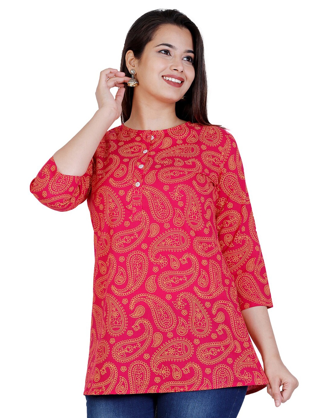 

BAESD Paisley Printed Round Neck Cotton Top, Pink