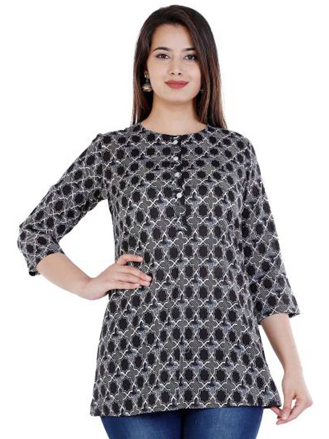 

BAESD Ethnic Motifs Printed Round Neck Cotton Top, Black