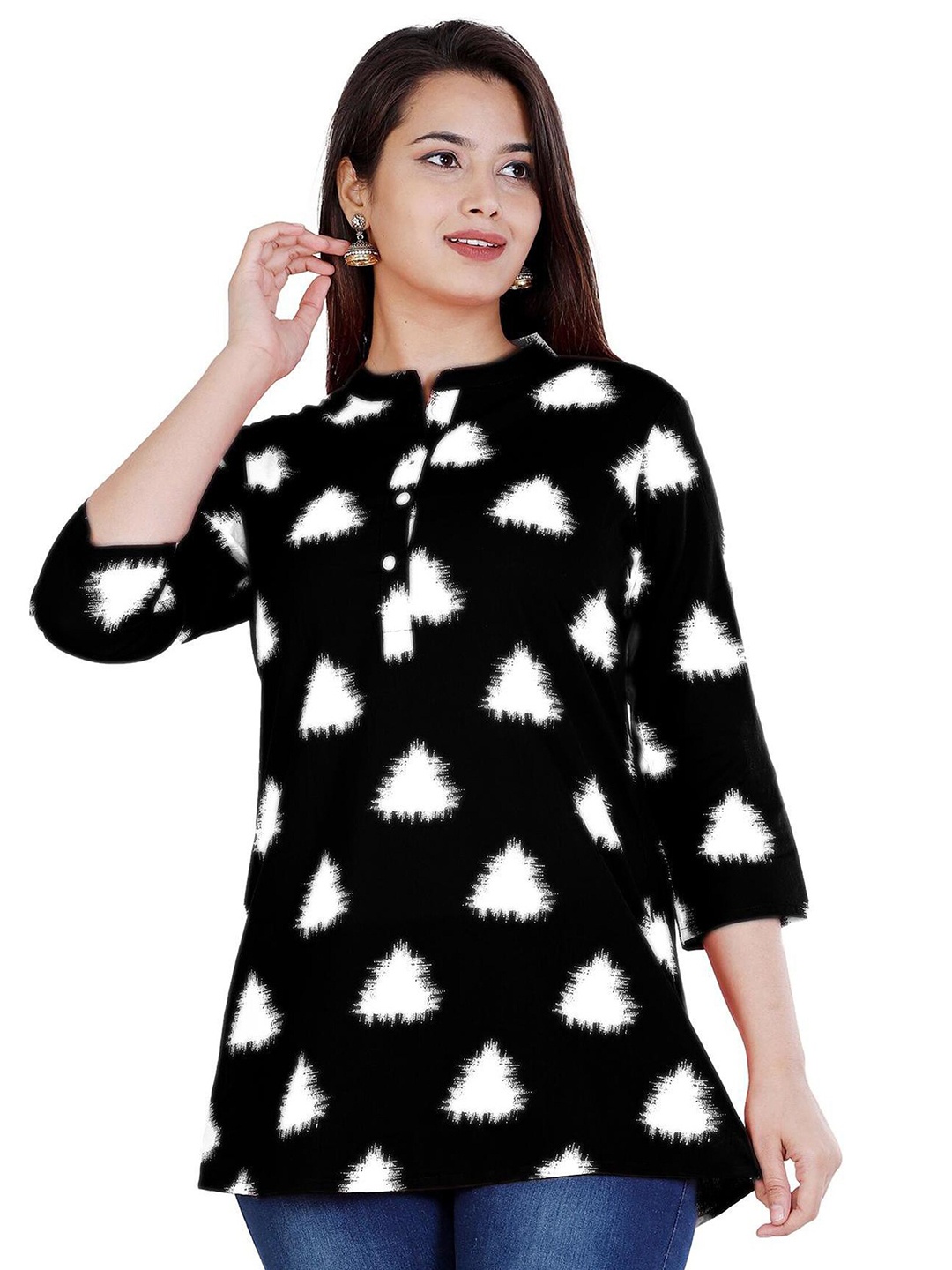 

BAESD Abstract Printed Mandarin Collar Cotton Top, Black
