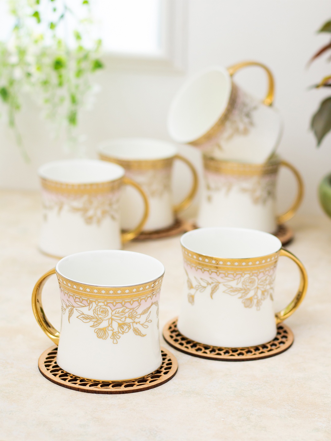 

CLAY CRAFT White 6 pieces Floral Printed Ceramic Glossy Cups 200 ml