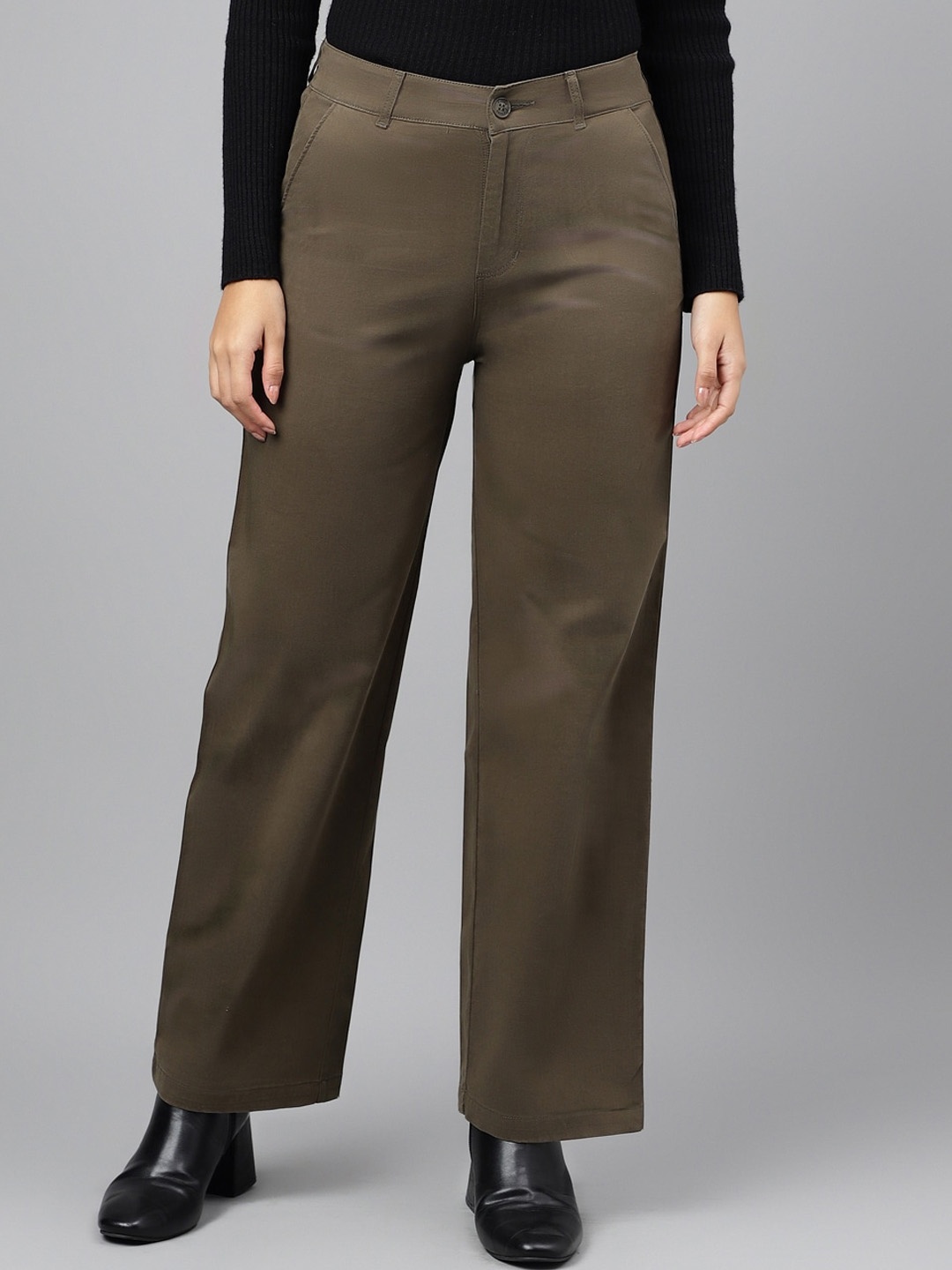 

Xpose Women Comfort Straight Fit High-Rise Easy Wash Pure Cotton Trousers, Olive