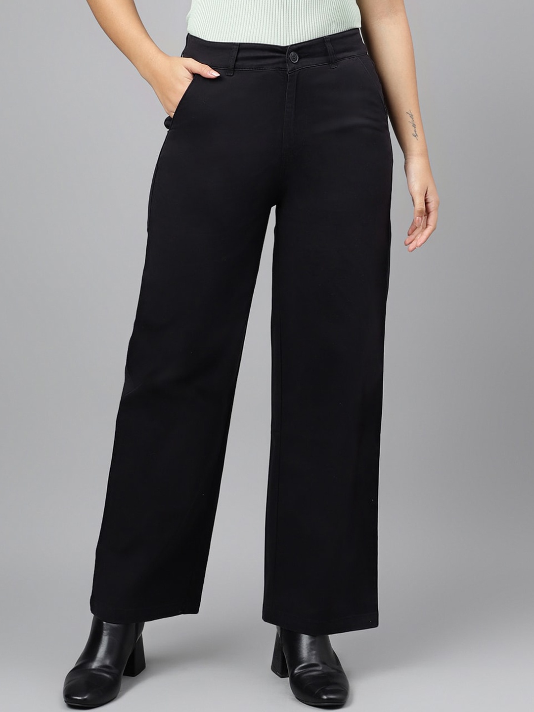 

Xpose Women Comfort Straight Fit High Rise Easy Wash Pure Cotton Trousers, Black