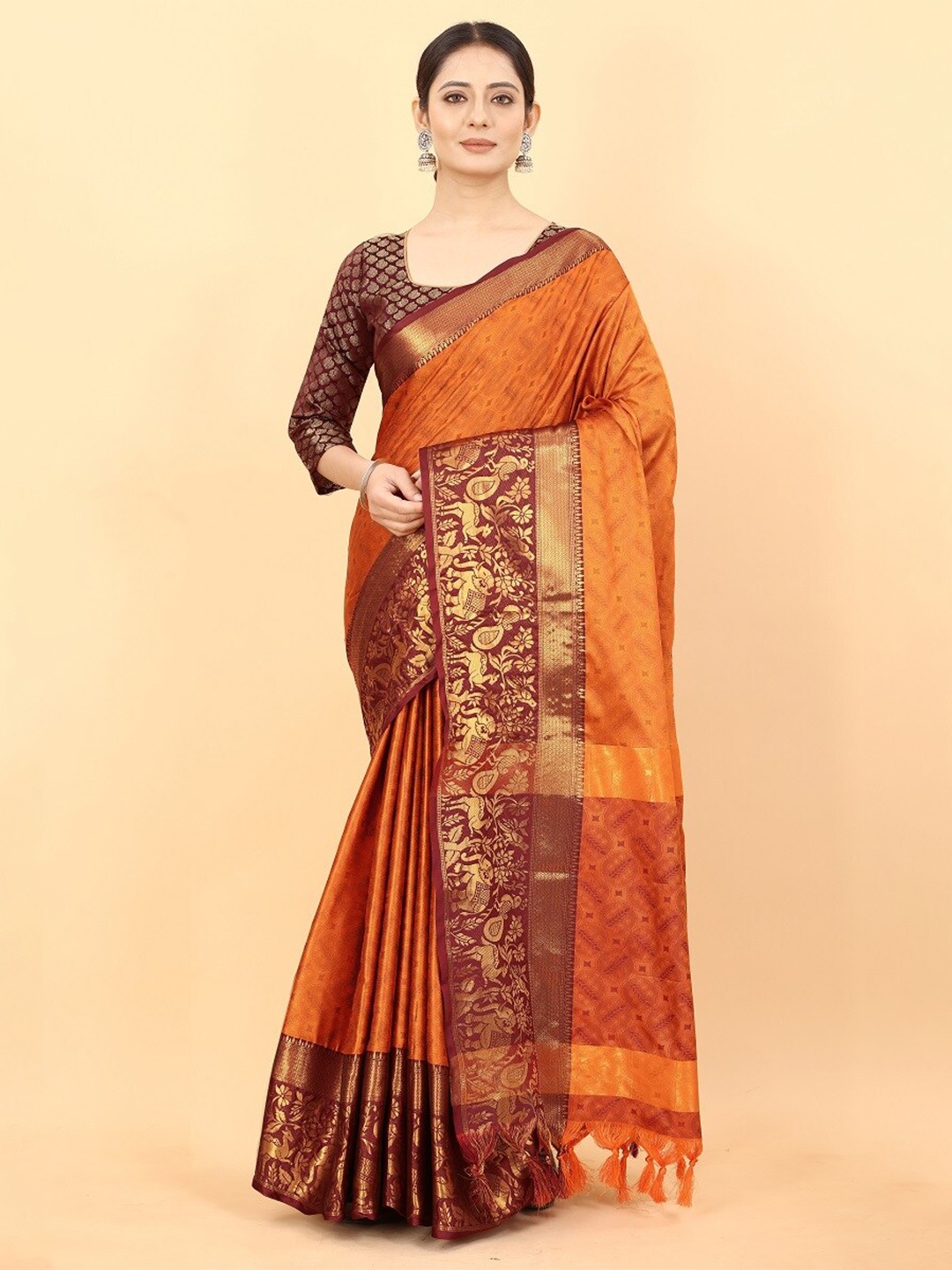 

Lyunica Ethnic Motifs Woven Design Zari Uppada Saree, Orange