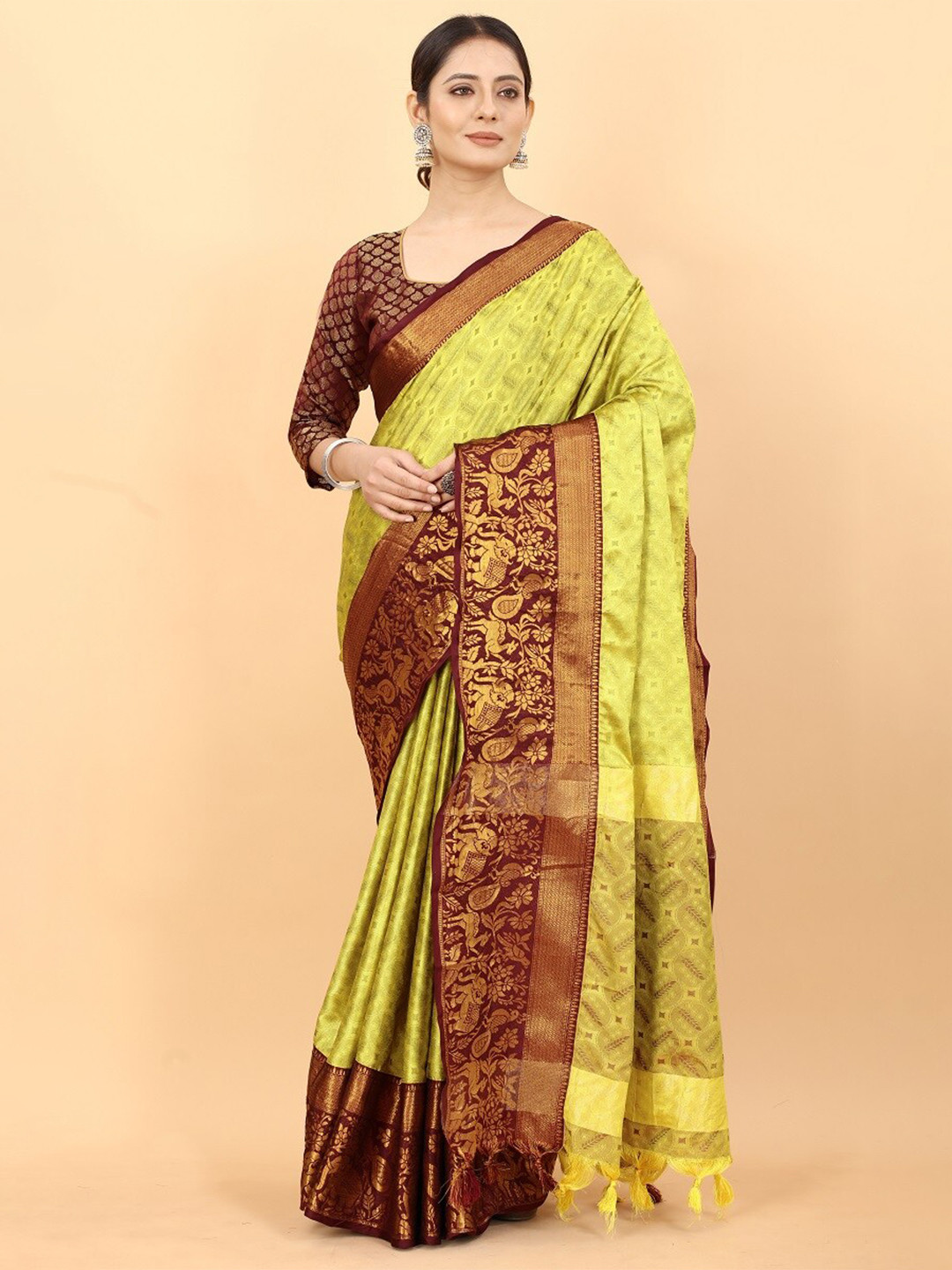 

Lyunica Ethnic Motifs Woven Design Zari Uppada Saree, Yellow