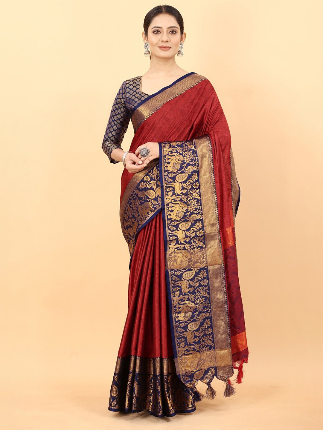 

Lyunica Ethnic Woven Design Zari Silk Blend Uppada Saree, Red