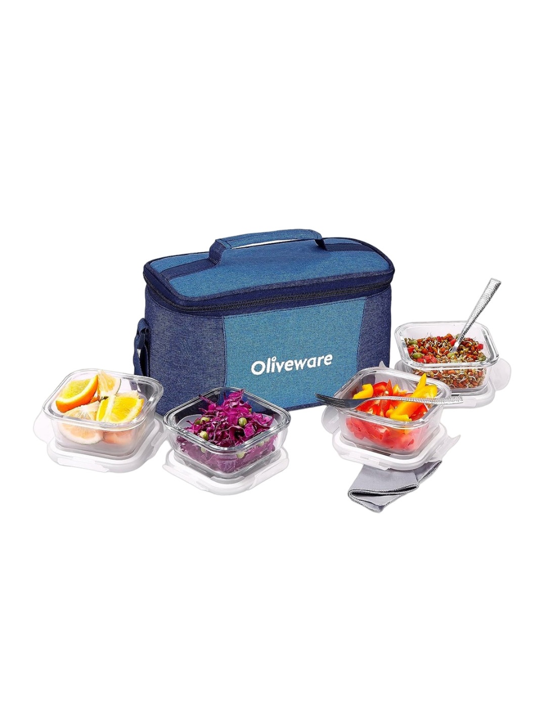 

SOPL-OLIVEWARE Transparent & Blue 4 Pieces Glass Lunch Box Kitchen Storage 320 ml
