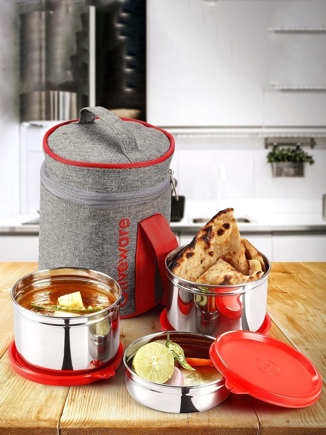 

SOPL-OLIVEWARE Red Stainless Steel Microwave Safe Lunch Box