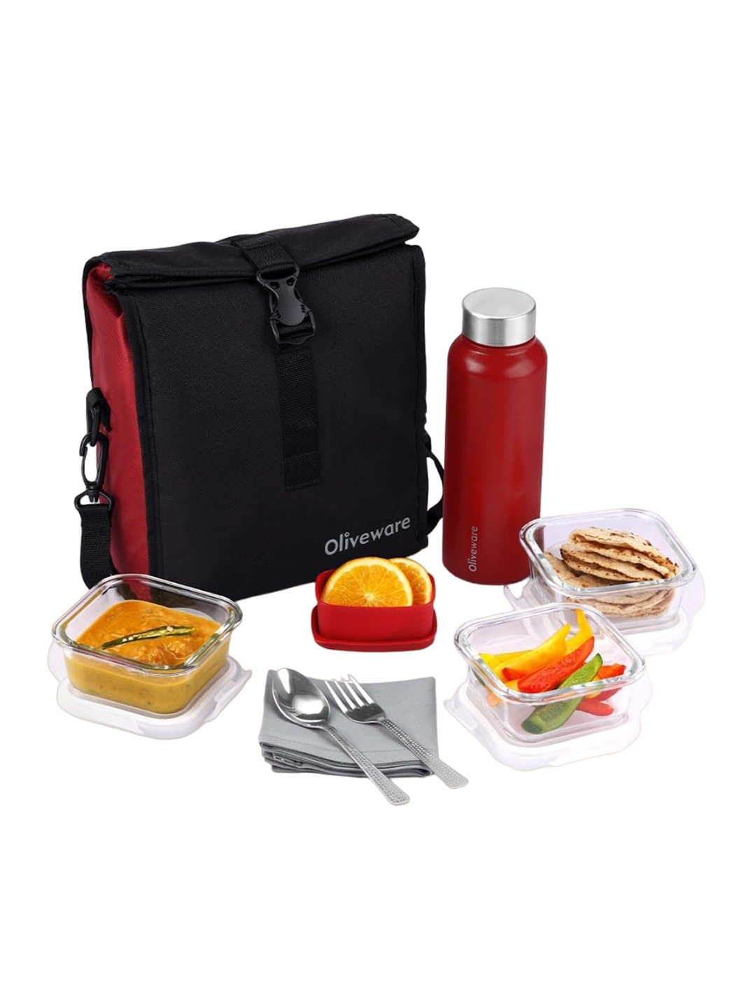 

SOPL-OLIVEWARE Maroon & Transparent 5 Pieces Lunch Box With Water Bottle Kitchen Storage