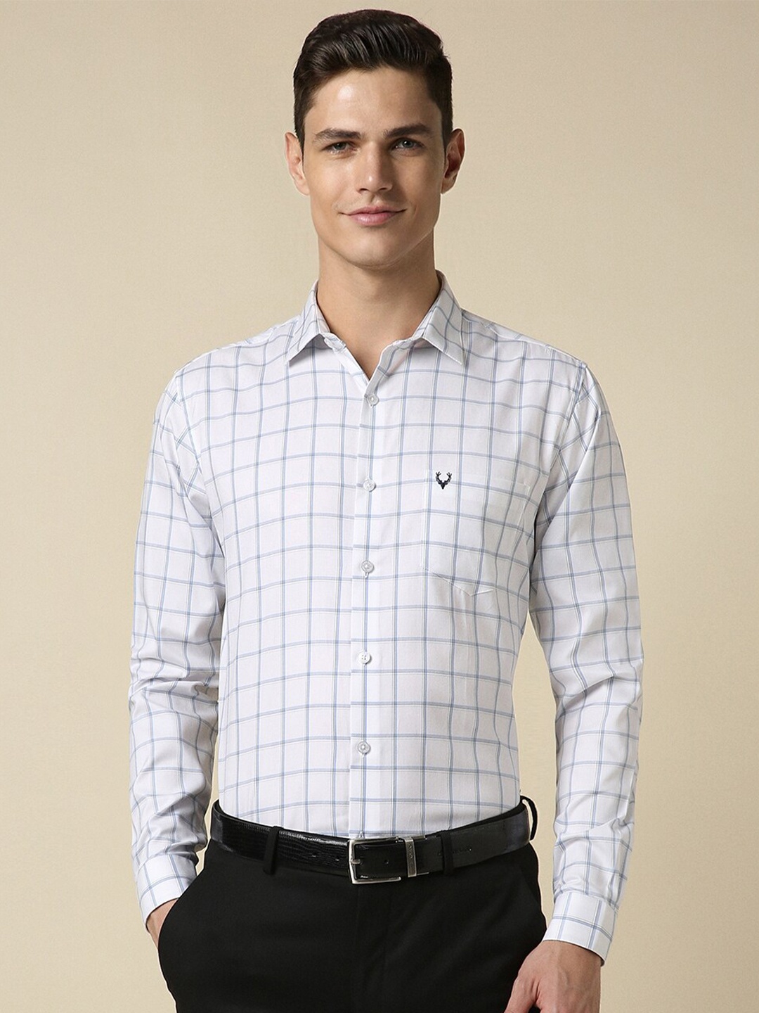 

Allen Solly Slim Fit Windowpane Checks Pure Cotton Formal Shirt, White