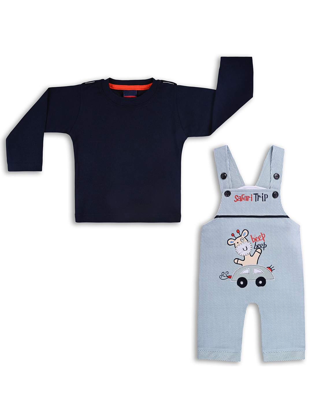 

Wish Karo Baby Boys Striped Cotton T-Shirt & Dungaree, Navy blue