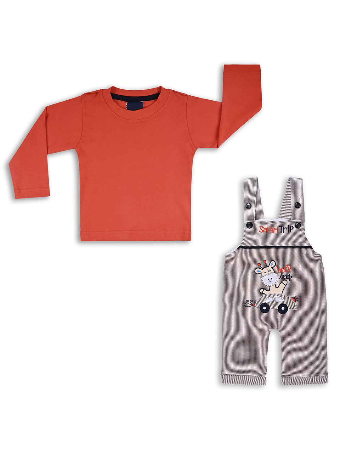 

Wish Karo Baby Boys Striped Cotton T-Shirt & Dungaree, Orange