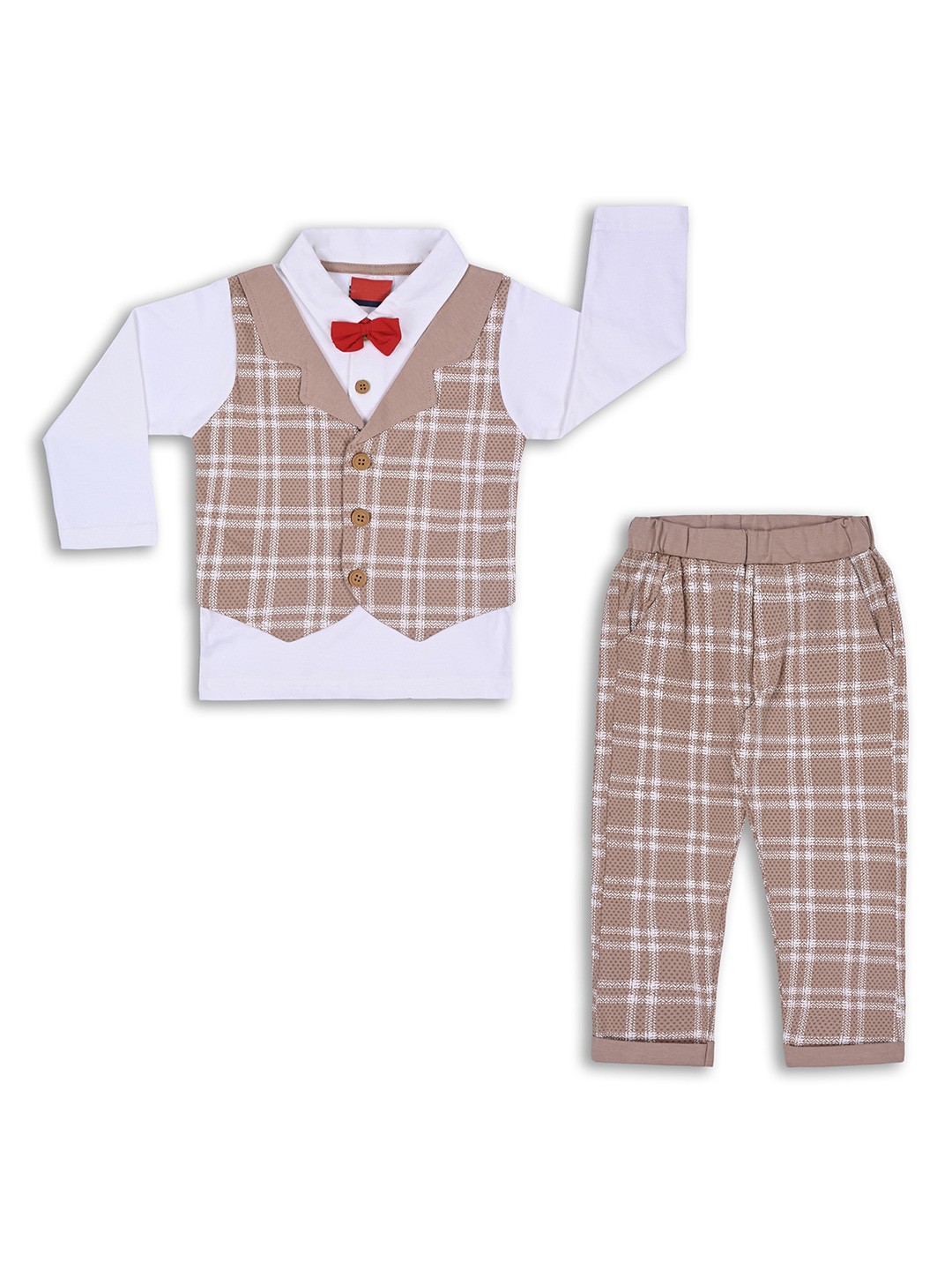 

Wish Karo Boys Checked Shirt With Trousers & Waistcoat, Brown