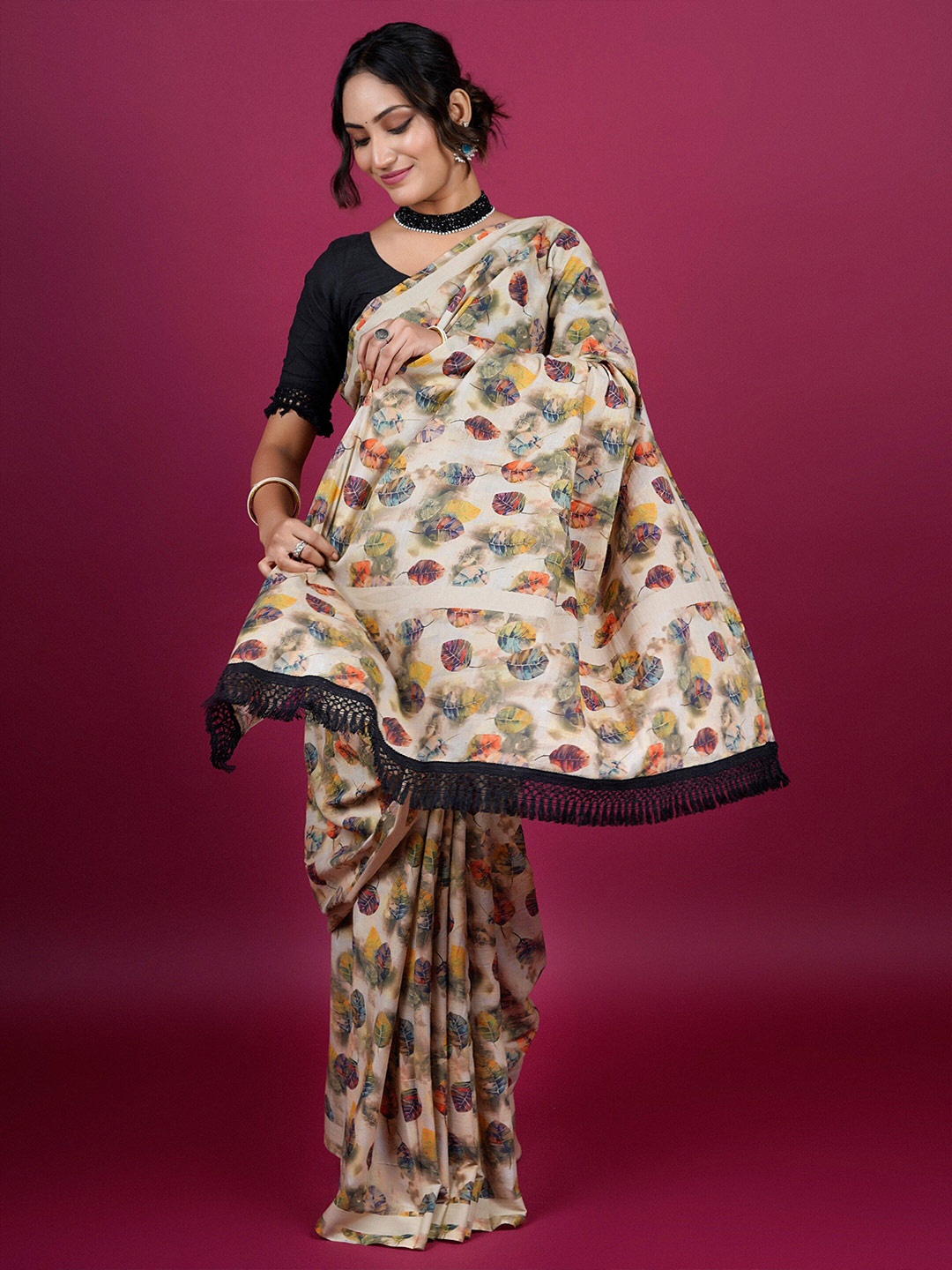 

BUTA BUTI Floral Printed Pure Cotton Saree, Beige
