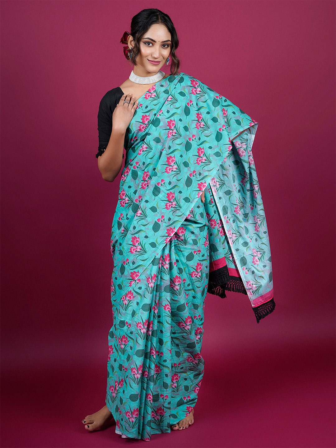 

BUTA BUTI Floral Printed Pure Cotton Saree, Blue