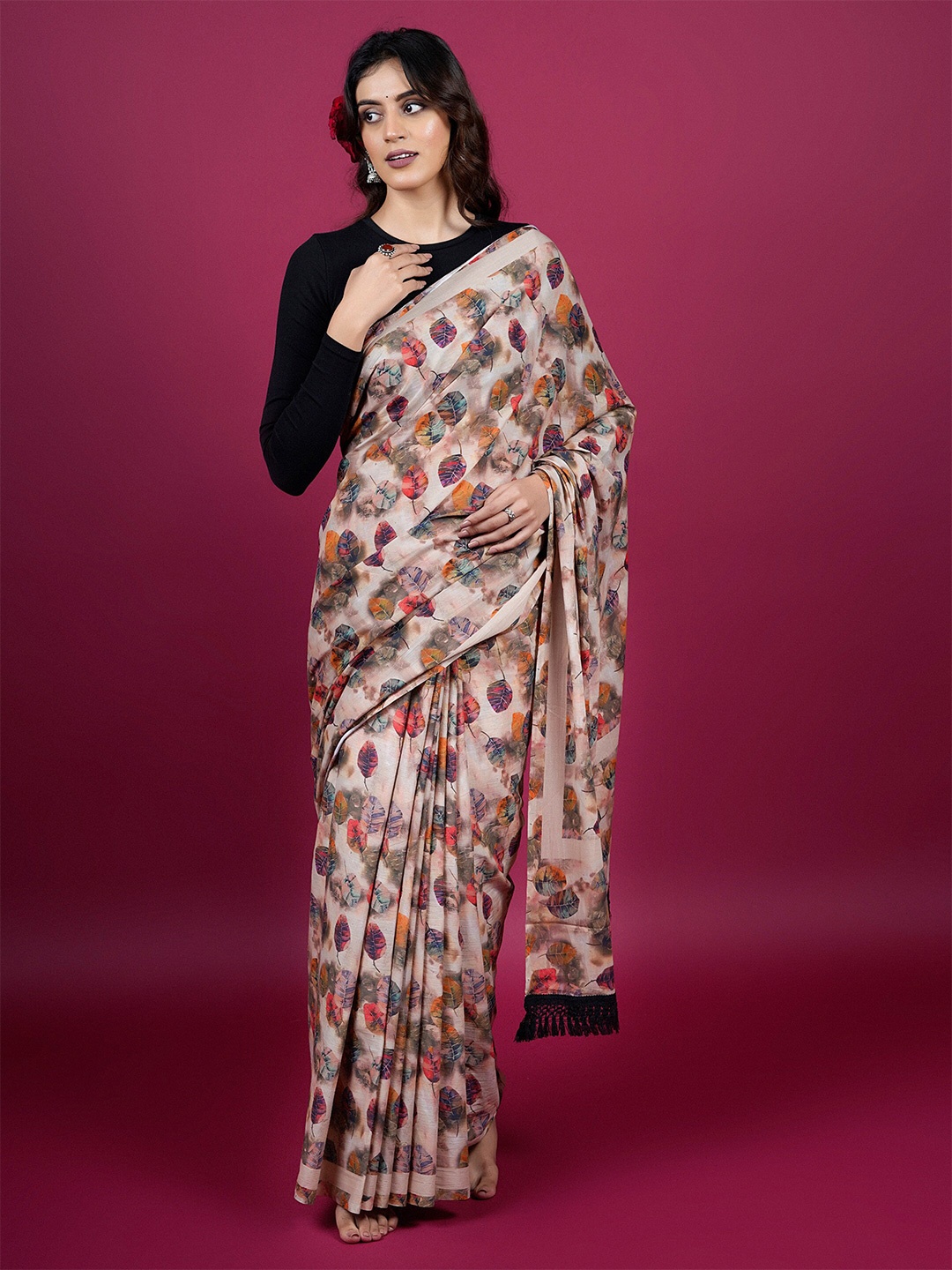 

BUTA BUTI Floral Printed Pure Cotton Saree, Beige