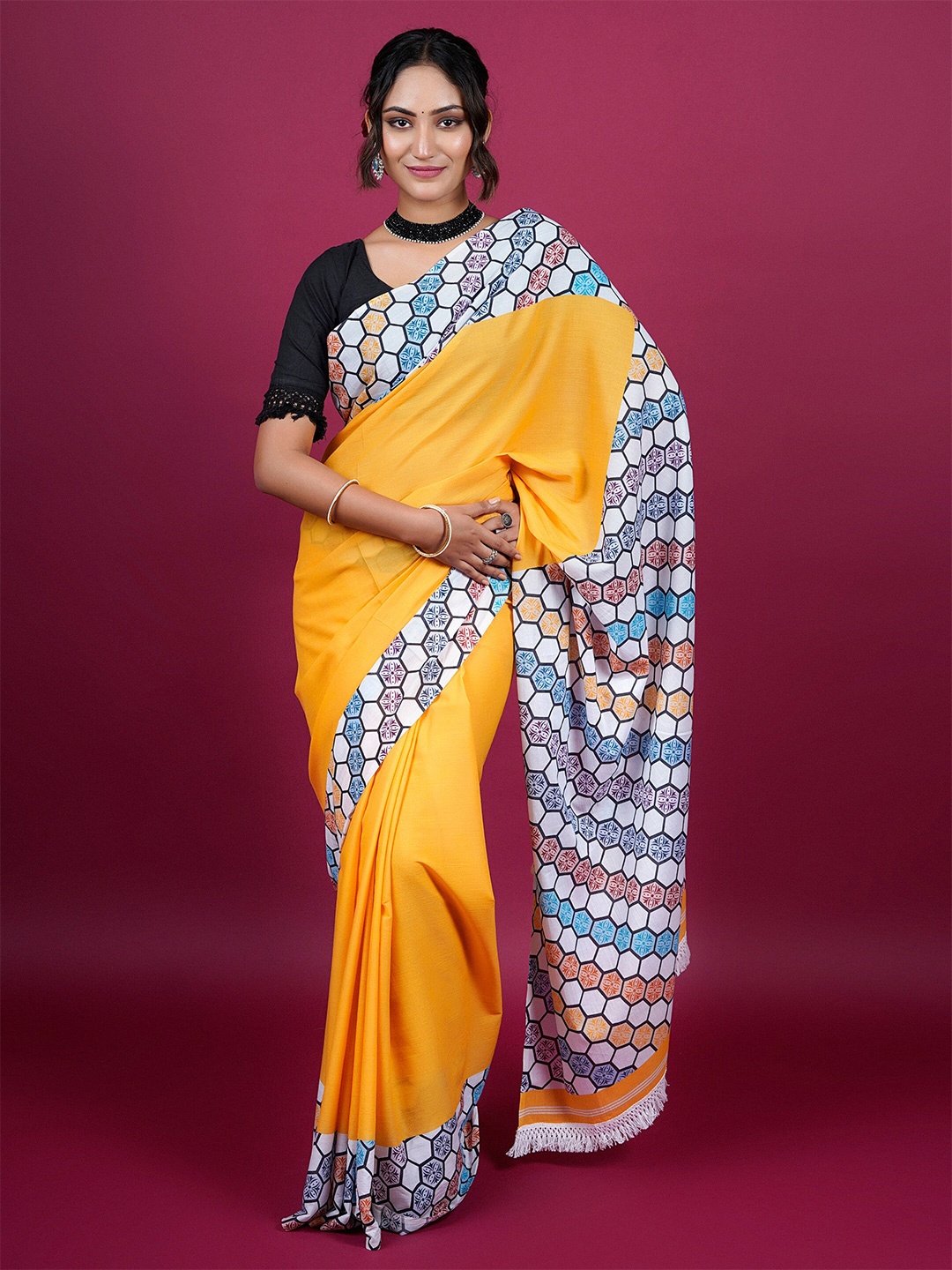 

BUTA BUTI Pure Cotton Tasseled Saree, Yellow