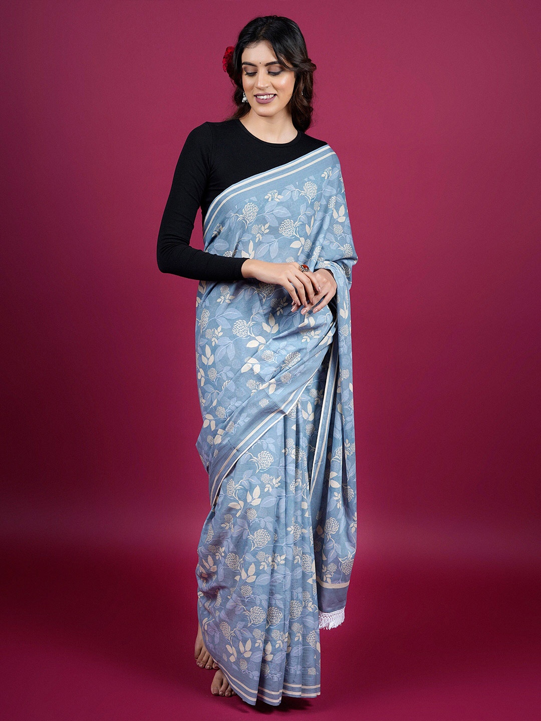 

BUTA BUTI Floral Printed Pure Cotton Saree, Blue