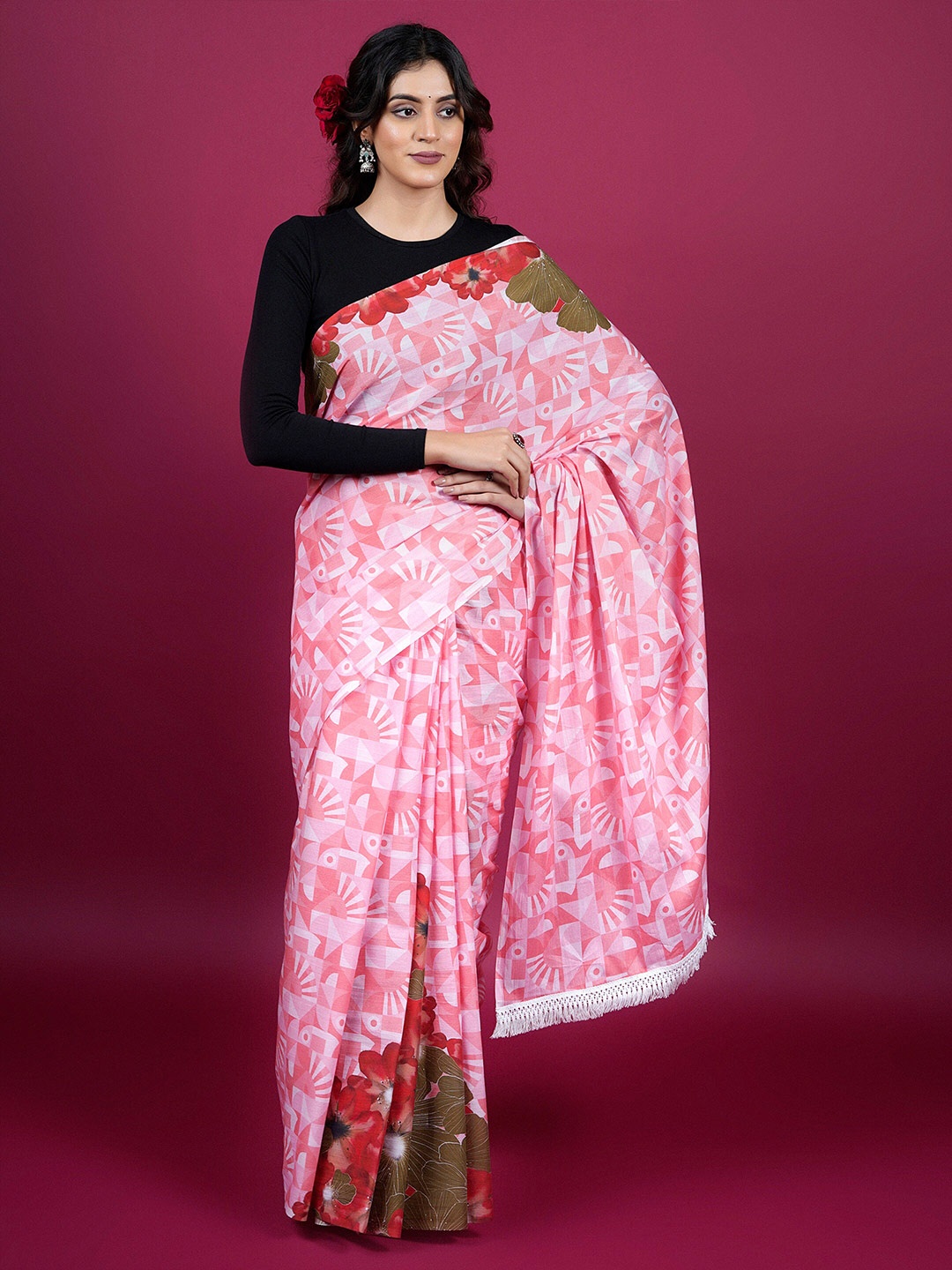 

BUTA BUTI Geometric Printed Pure Cotton Saree, Pink