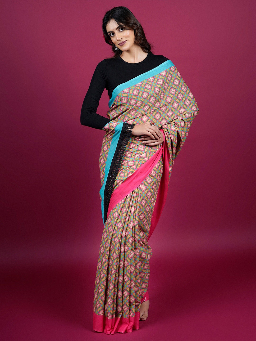 

BUTA BUTI Geometric Printed Pure Cotton Saree, Pink