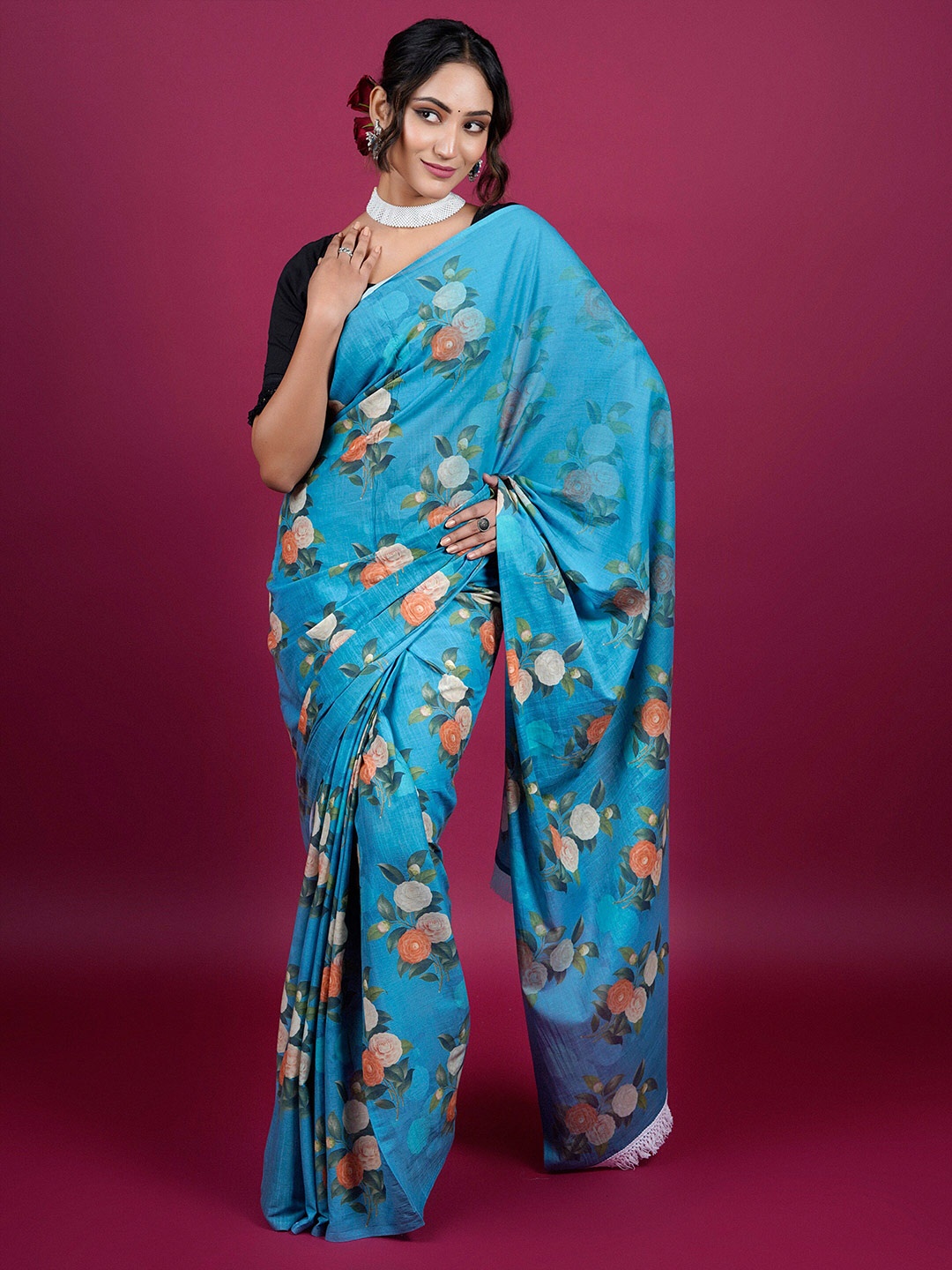 

BUTA BUTI Floral Printed Pure Cotton Saree, Blue