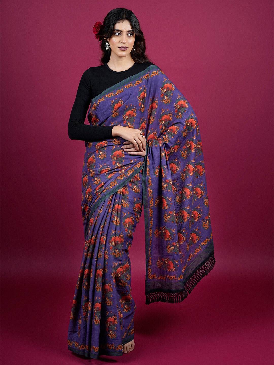 

BUTA BUTI Floral Printed Pure Cotton Saree, Navy blue