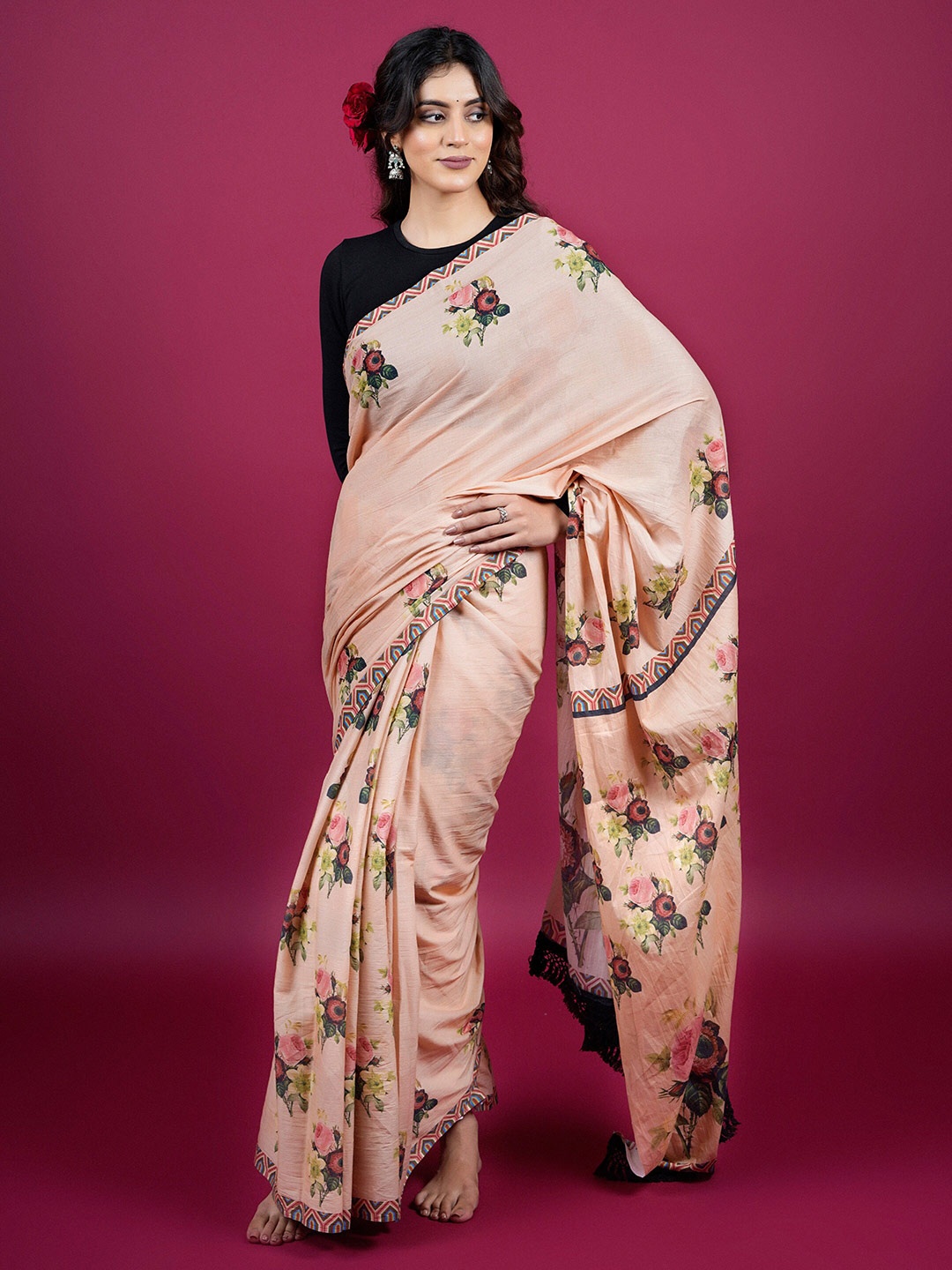 

BUTA BUTI Floral Printed Pure Cotton Saree, Peach