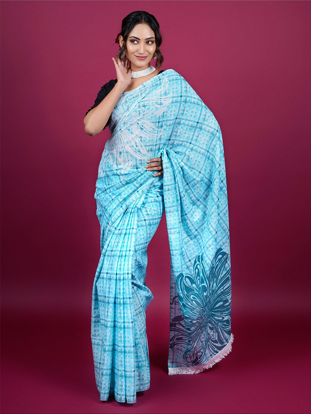 

BUTA BUTI Floral Printed Pure Cotton Saree, Blue