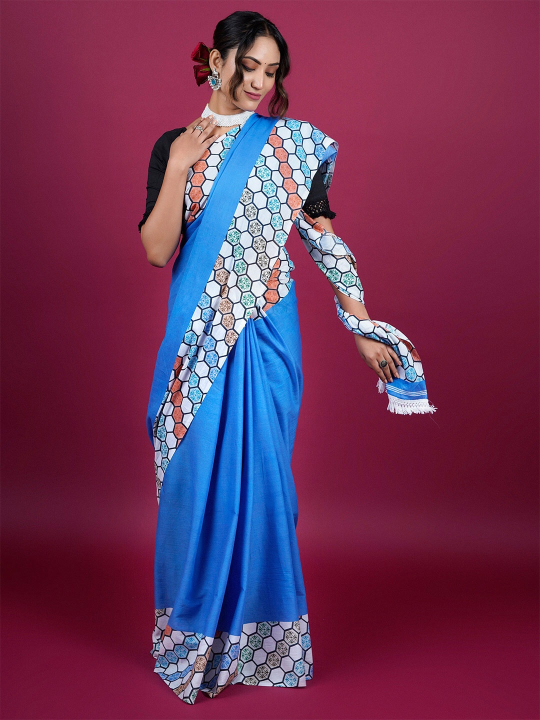 

BUTA BUTI Pure Cotton Tasseled Saree, Blue