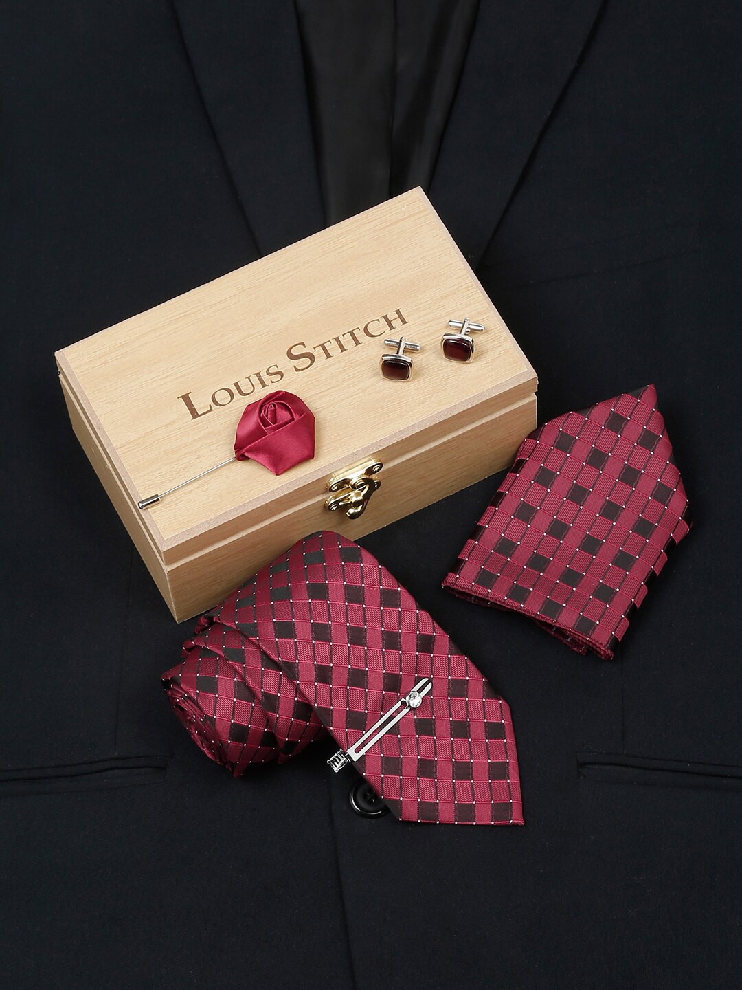 

LOUIS STITCH Men's Italian Silk Necktie Accessory Gift Set, Red