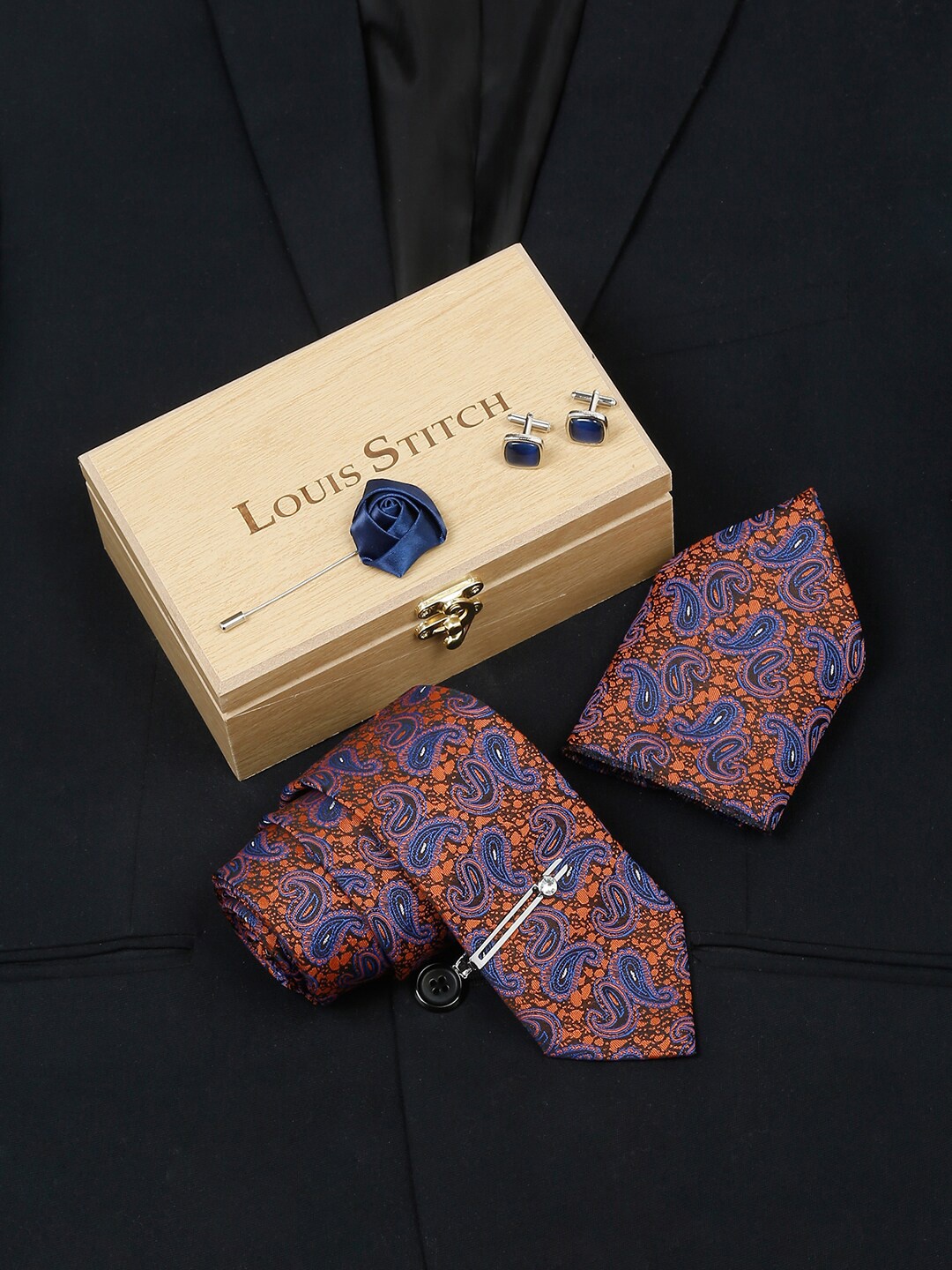 

LOUIS STITCH Printed Italian Silk Necktie Accessory Gift Set, Brown