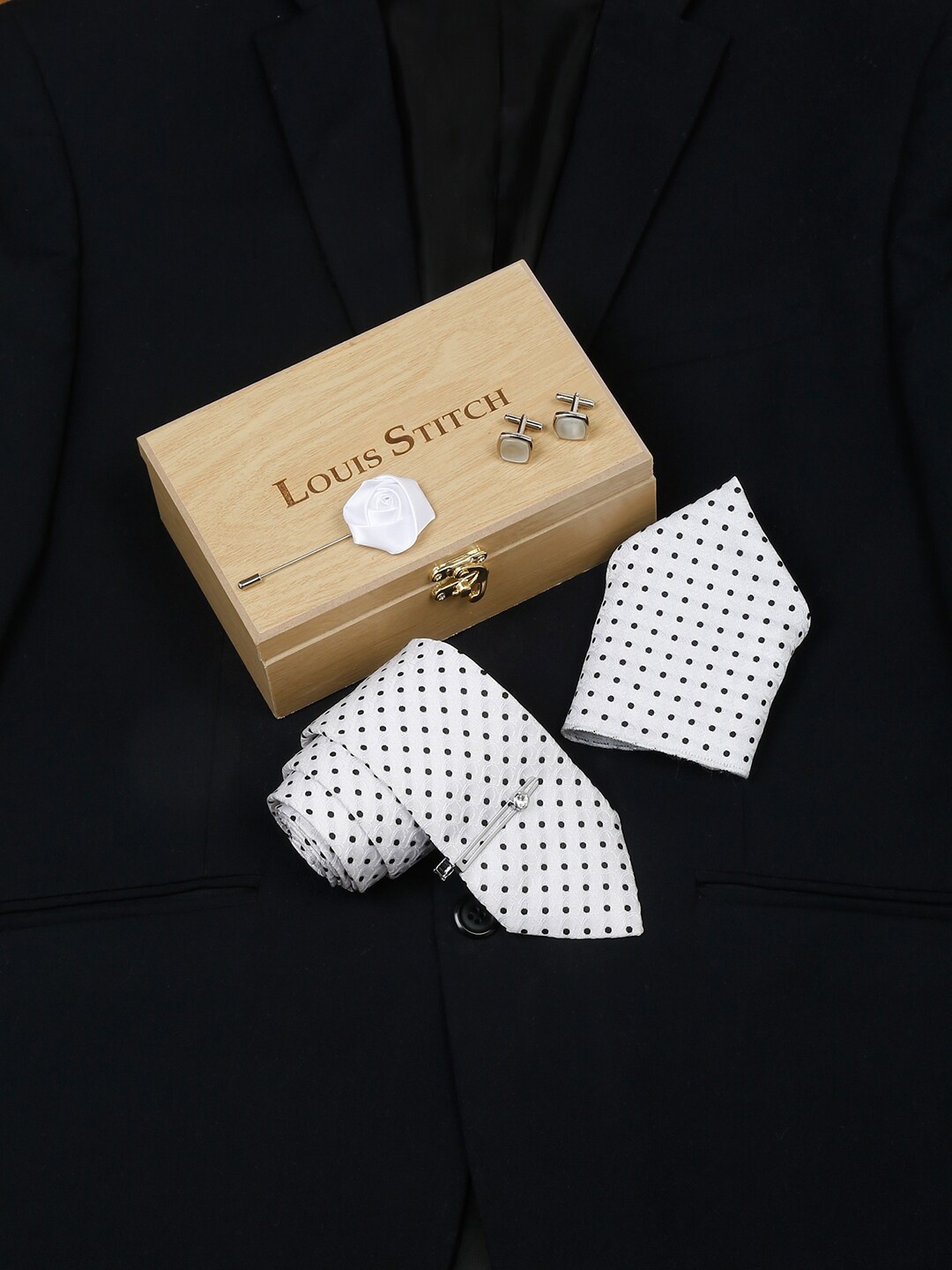 

LOUIS STITCH Printed Italian Silk Necktie Accessory Gift Set, White