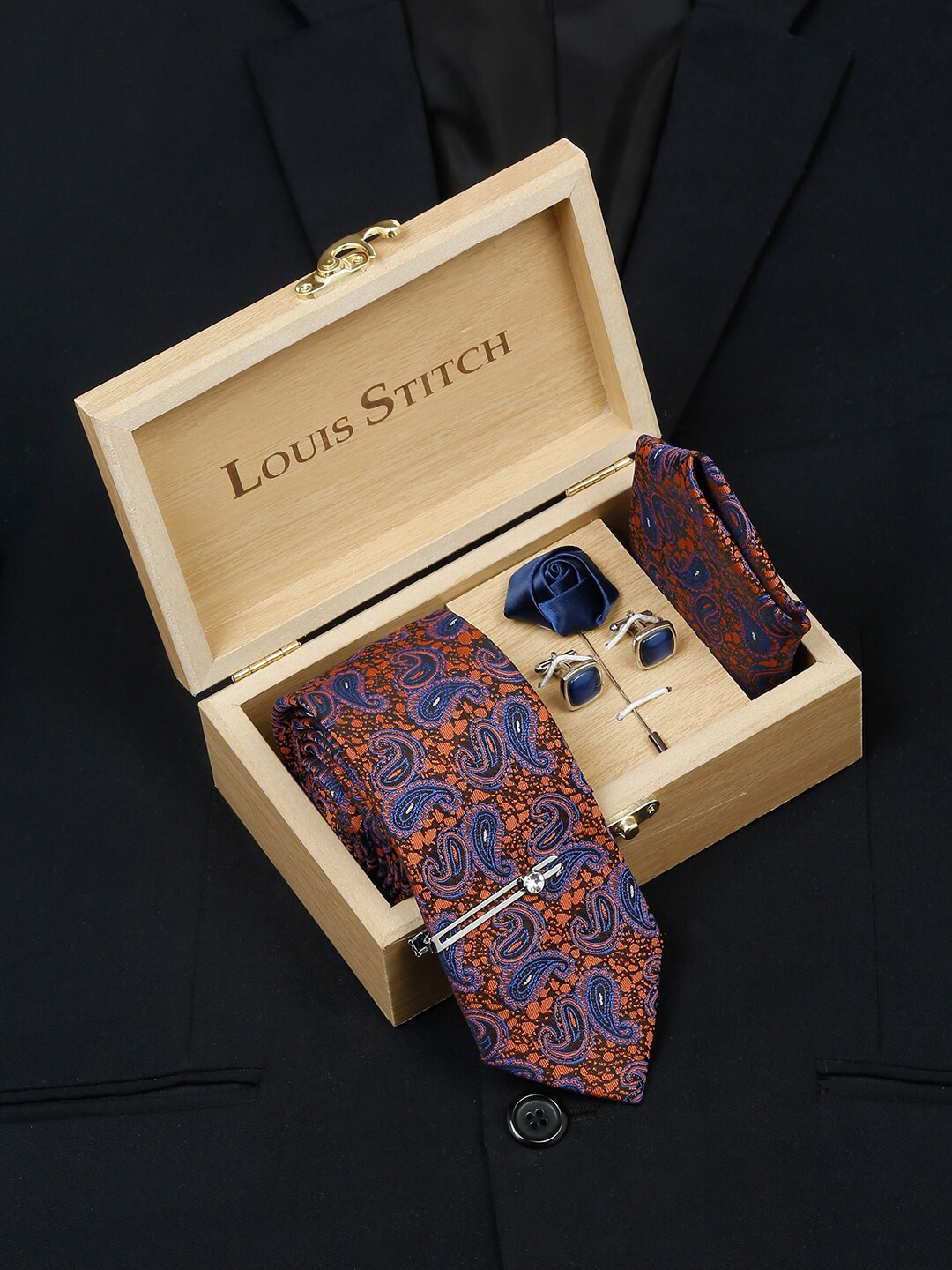

LOUIS STITCH Men Italian Silk Blend Necktie Accessory Gift Set, Brown