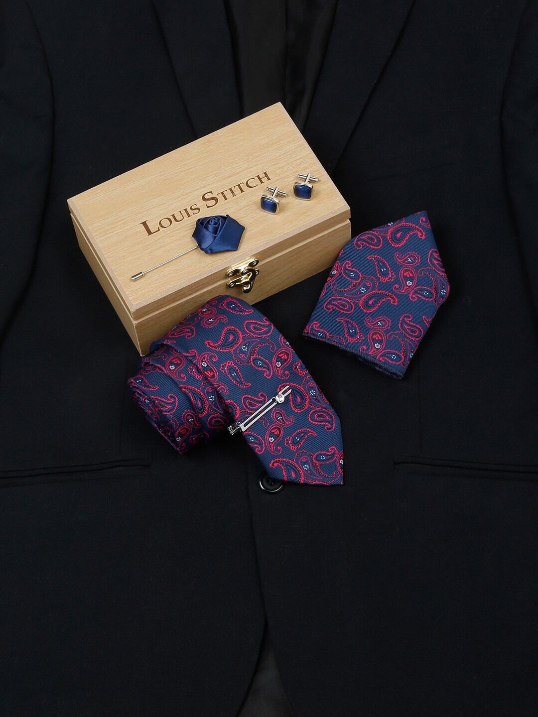 

LOUIS STITCH Printed Italian Silk Necktie Accessory Gift Set, Purple