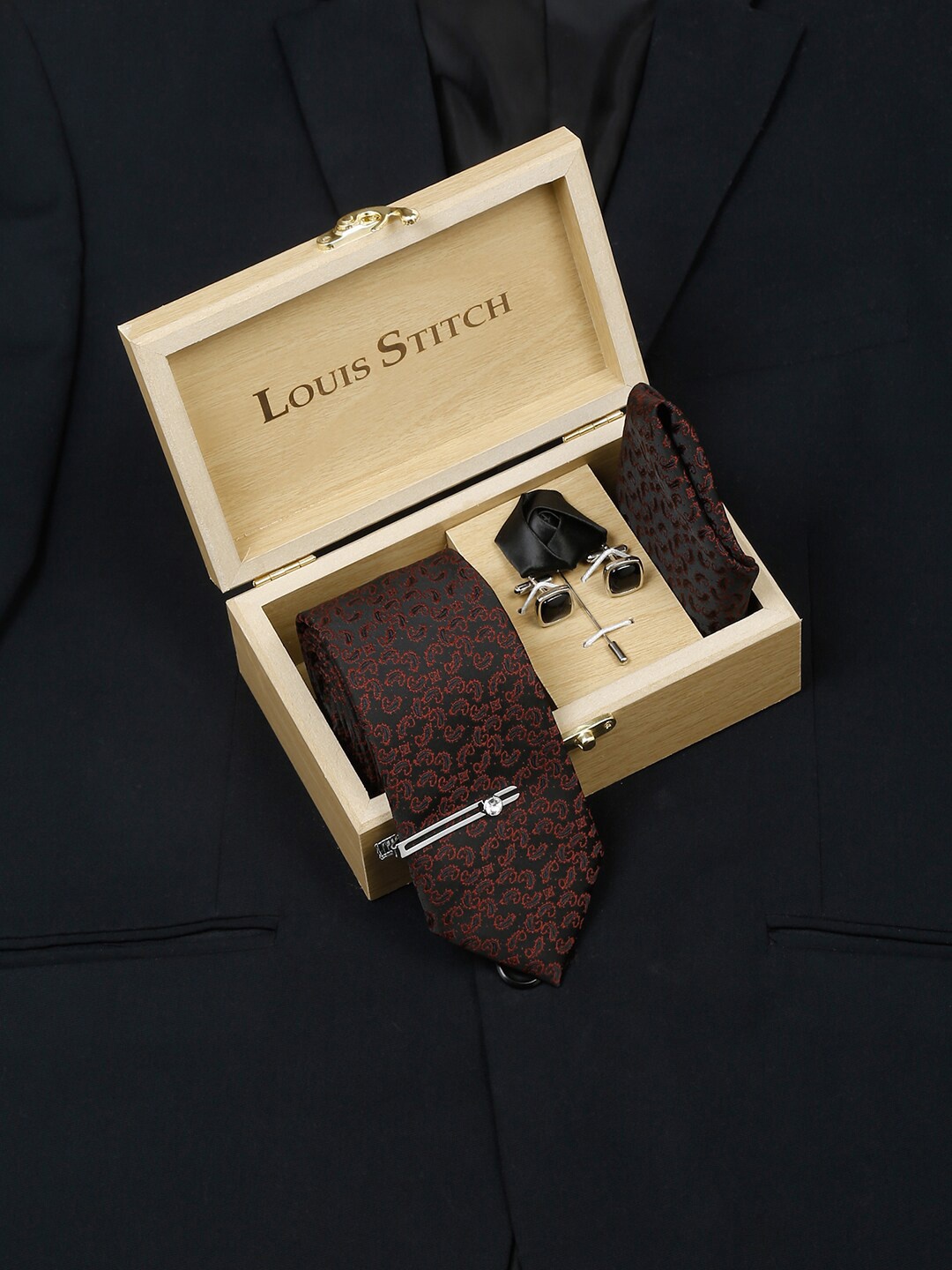 

LOUIS STITCH Printed Italian Silk Necktie Accessory Gift Set, Black