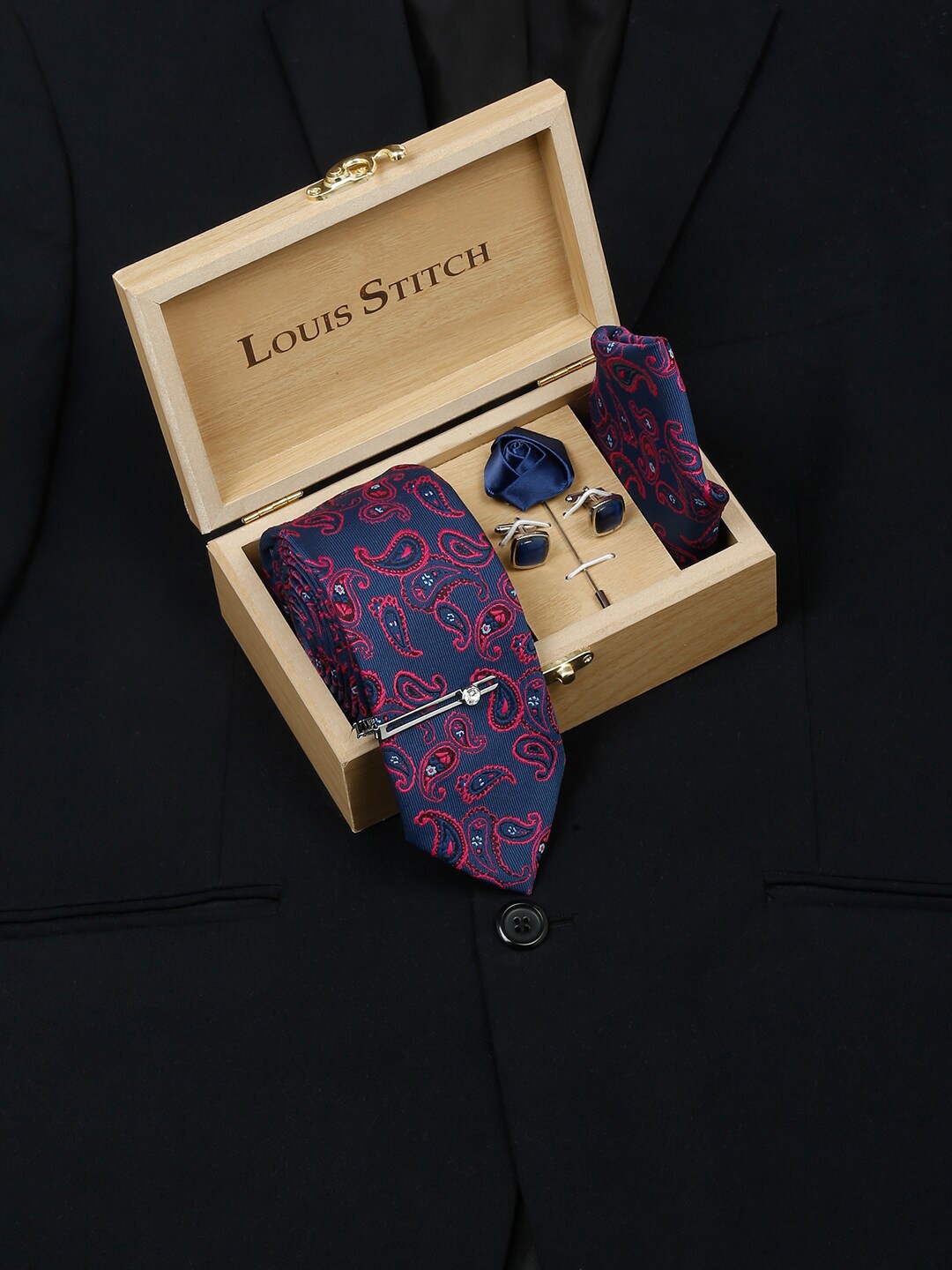 

LOUIS STITCH Printed Italian Silk Necktie Accessory Gift Set, Purple