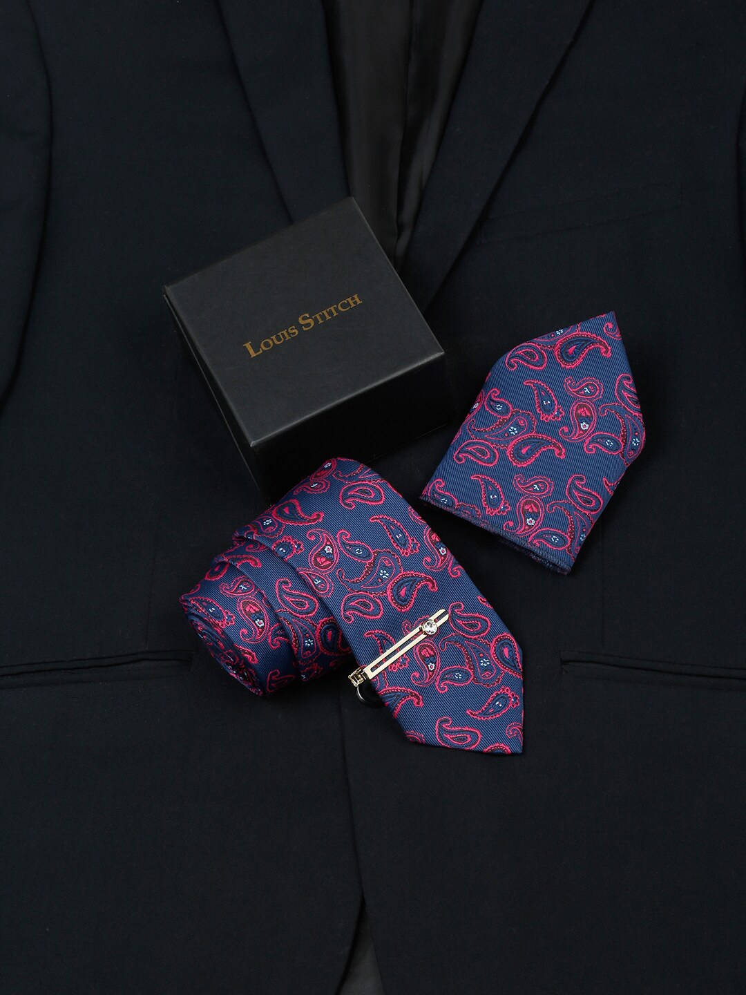 

LOUIS STITCH Printed Italian Silk Necktie Accessory Gift Set, Purple