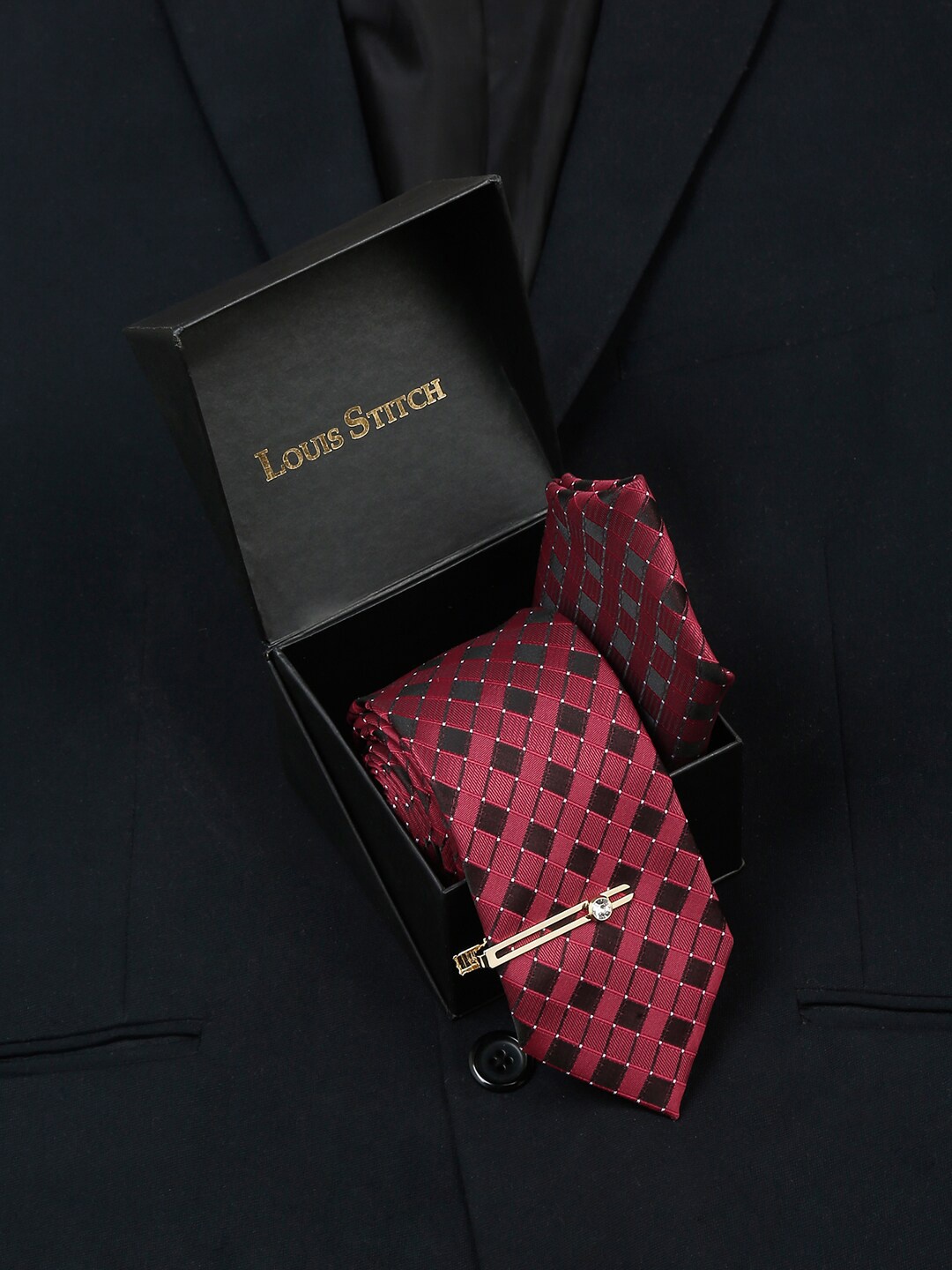 

LOUIS STITCH Men's Italian Silk Necktie Accessory Gift Set, Red