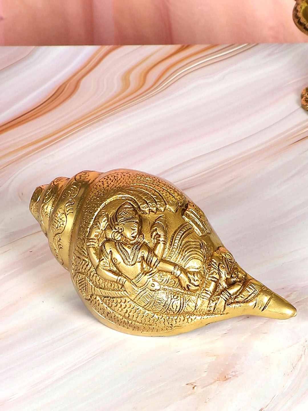 

Two Moustaches Gold Toned Brass Shankh with Vishnu Carving Showpiece