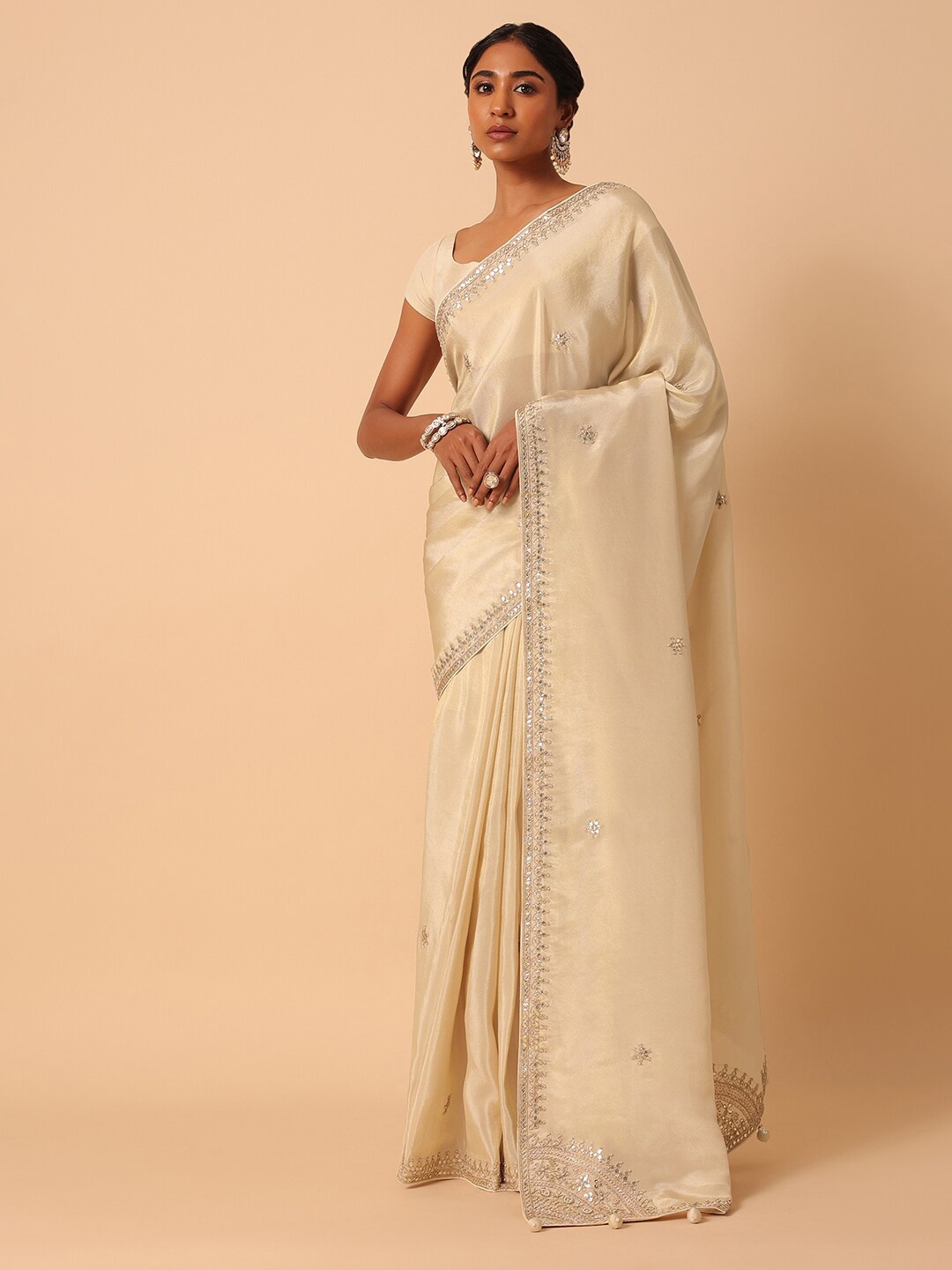 

KALKI Fashion Ethnic Motifs Embroidered Gotta Patti Detailed Saree, Off white