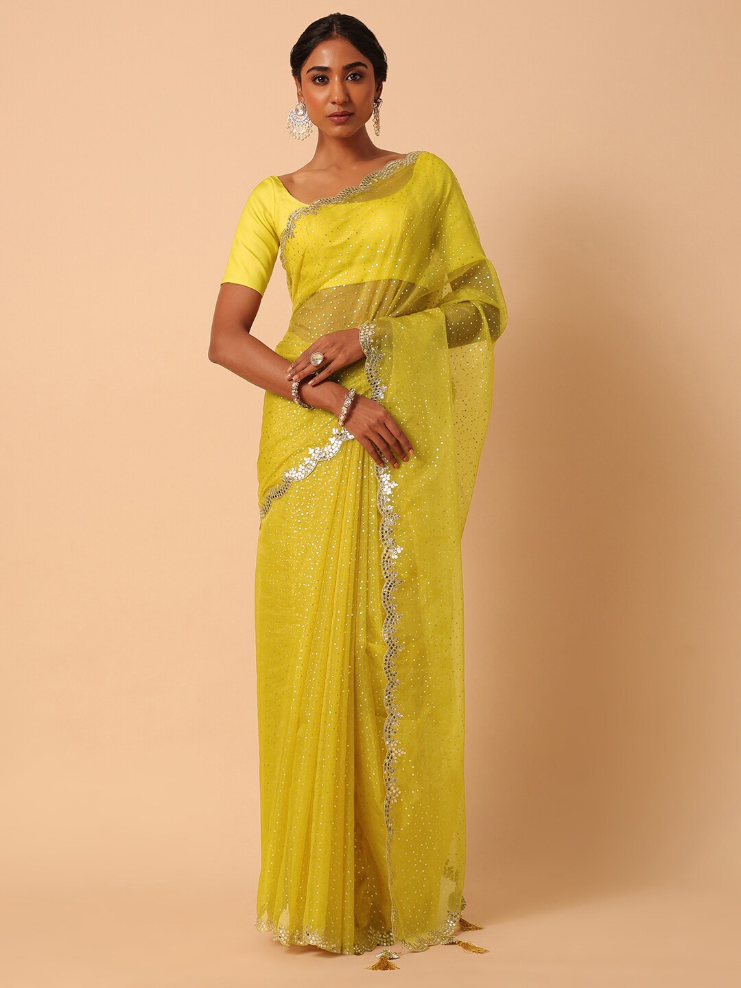 

KALKI Fashion Polka Dot Embellished Mukaish Detailed Organza Saree, Yellow
