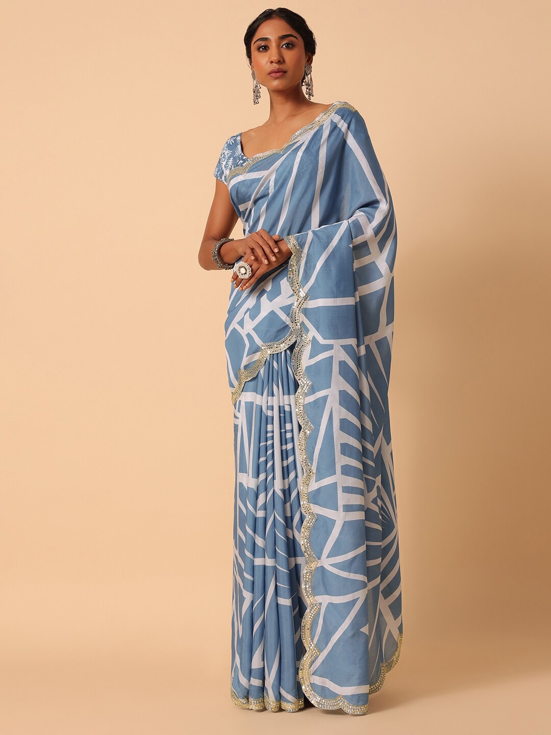 

KALKI Fashion Abstract Printed Embroidered Detailed Satin Saree, Blue