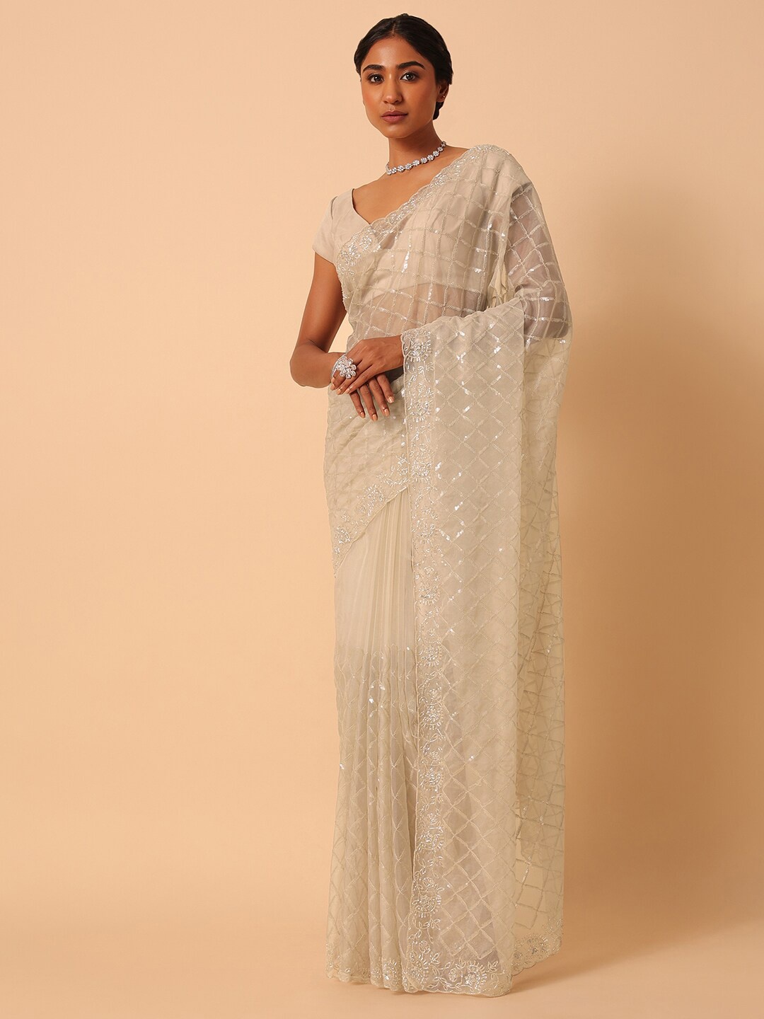 

KALKI Fashion Geometric Embroidered Sequinned Detailed Organza Saree, Grey