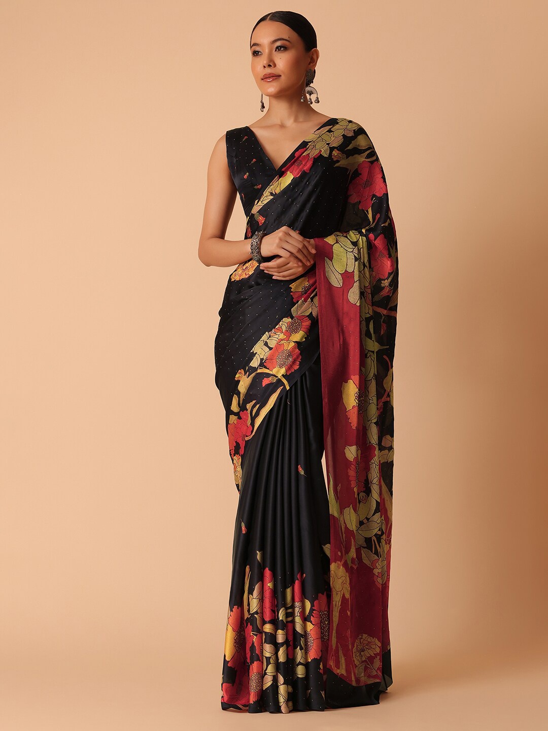 

KALKI Fashion Floral Printed Beads & Stones Detailed Satin Saree, Black