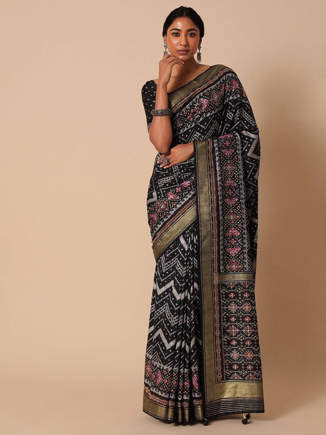 

KALKI Fashion Ethnic Motifs Foil Printed Zari Detailed Patola Saree, Black