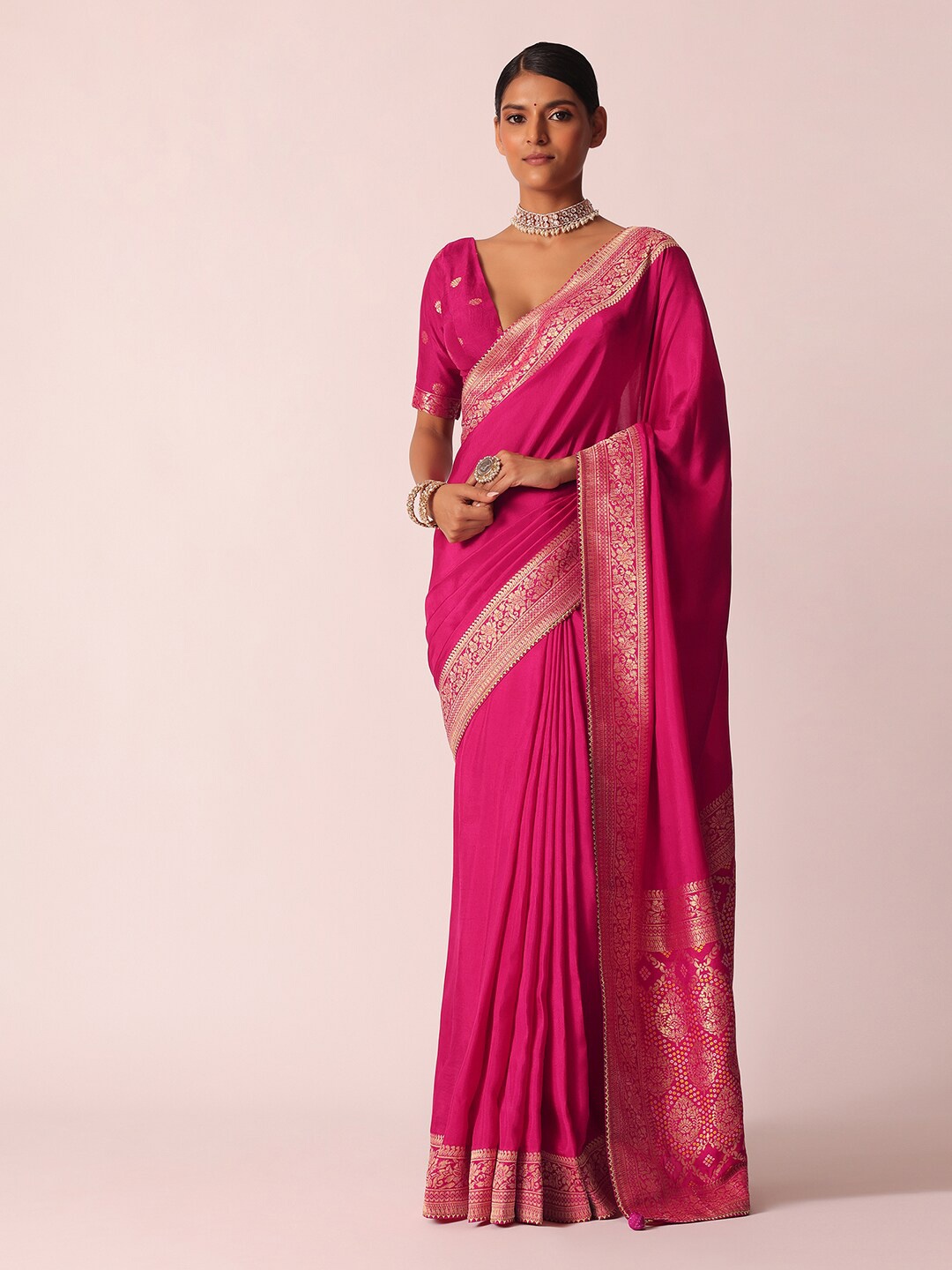 

KALKI Fashion Woven Design Border Zari Detailed Saree, Pink
