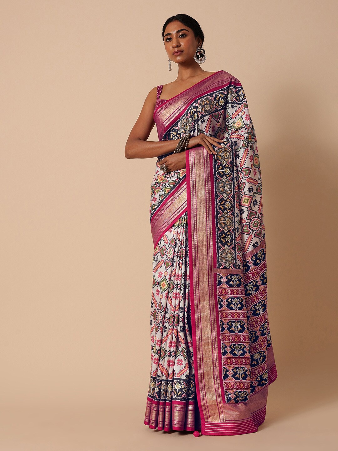 

KALKI Fashion Ethnic Motifs Foil Printed Zari Detailed Patola Saree, Pink
