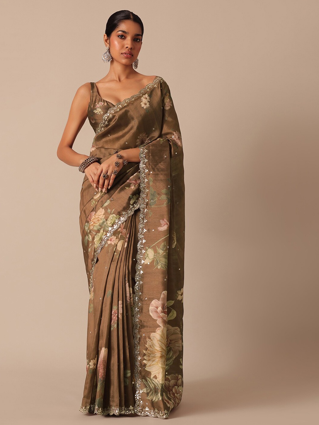 

KALKI Fashion Floral Printed Mirror Work Detailed Tussar Saree, Brown