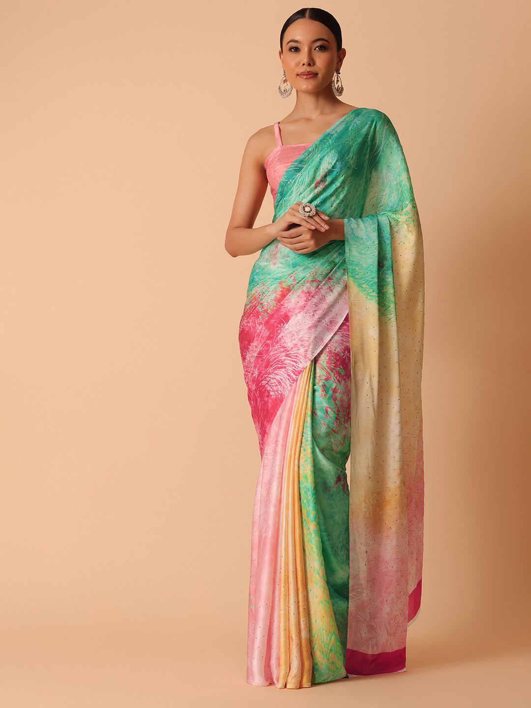 

KALKI Fashion Abstract Printed Beads & Stones Detailed Satin Saree, Green